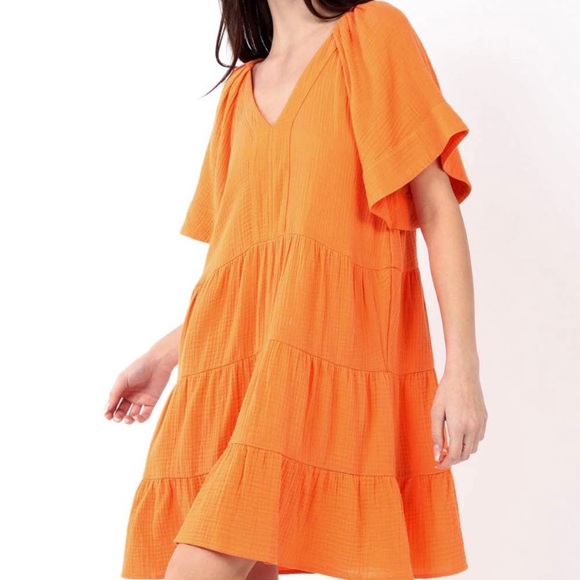 Very J Apricot Solid Gauze Babydoll Tiered Flare Mini Dress - Picture 3 of 4